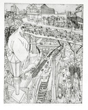 Artist: Rooney, Elizabeth. | Title: The square with travellers | Date: 1963 | Technique: etching and aquatint, printed in black ink with plate-tone, from one plate