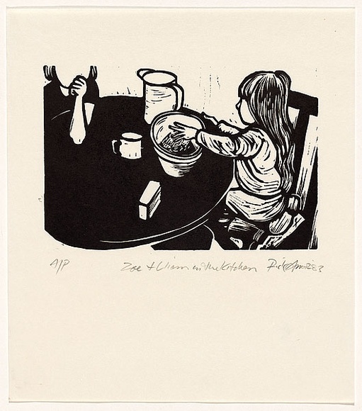 Artist: AMOR, Rick | Title: Zoe and Lliam in the kitchen. | Date: 1983 | Technique: woodcut, printed in black ink, from one block | Copyright: Image reproduced courtesy the artist and Niagara Galleries, Melbourne
