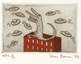 Artist: Bowen, Dean. | Title: not titled (alligator on building catching flying saucers) | Date: 1992 | Technique: etching, printed in black ink, from one plate; handcoloured