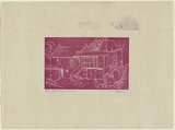 Artist: Jack, Kenneth. | Title: Hotel outbuildings, Berwick | Date: 1953 | Technique: line-engraving, printed in relief in purple ink, from one perspex plate | Copyright: © Kenneth Jack. Licensed by VISCOPY, Australia