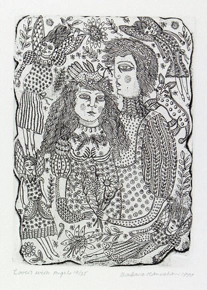 Artist: HANRAHAN, Barbara | Title: Lovers with angels | Date: 1990 | Technique: etching and drypoint, printed in black ink with plate-tone, from one plate