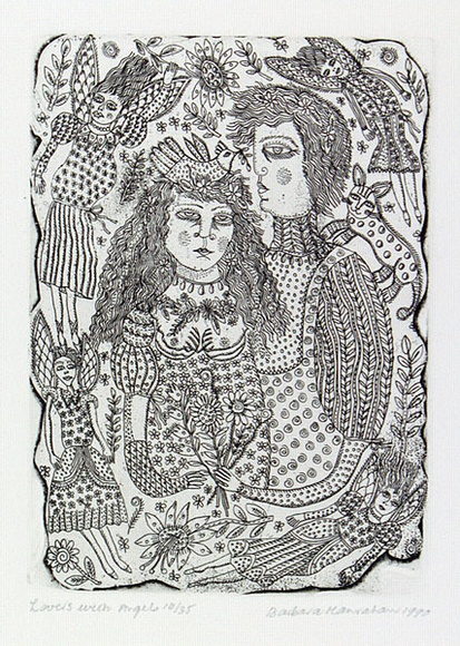 Artist: HANRAHAN, Barbara | Title: Lovers with angels | Date: 1990 | Technique: etching and drypoint, printed in black ink with plate-tone, from one plate Artist: HANRAHAN, Barbara | Title: Lovers with angels | Date: 1990 | Technique: etching and drypoint, printed in black ink with plate-tone, from one plate