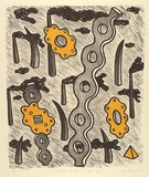 Artist: Bowen, Dean. | Title: Industrial landscape with yellow gears | Date: 1988 | Technique: lithograph, printed in yellow and black ink, from two stones