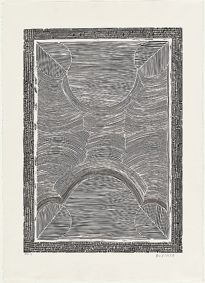 Artist: Cherel, Kumanjayi (Butcher). | Title: Galaroo III [Rainbow serpent III] | Date: 1998 | Technique: linocut, printed in black ink, from one block