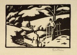 Artist: Hawkins, Weaver. | Title: (Two figures in snow) | Date: c.1930 | Technique: woodcut, printed in black ink, from one block | Copyright: The Estate of H.F Weaver Hawkins