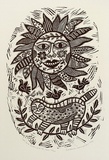 Artist: HANRAHAN, Barbara | Title: Cat and birds and the sun. | Date: 1989 | Technique: linocut, printed in black ink, from one block