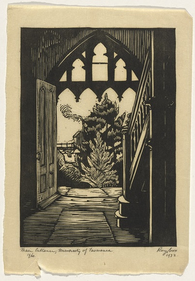 Artist: Cox, Roy. | Title: Main entrance, University of Tasmania. | Date: 1932 | Technique: linocut, printed in black ink, from one block