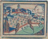 Artist: Syme, Eveline | Title: Outskirts of Sienna. | Date: 1930-31 | Technique: linocut, printed in colour, from three blocks (vermillion, cobalt green, cobalt blue)