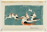 Title: Card: [gulls] | Date: c.1954 | Technique: linocut, printed fromone block; hand-coloured in felt tip pens