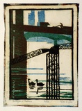 Artist: Syme, Eveline | Title: Bridges at Chelsea | Date: 1929 | Technique: linocut, printed in colour, from four blocks (light blue, viridian, reddish brown, black)