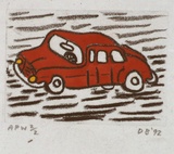 Artist: Bowen, Dean. | Title: not titled [red car] | Date: 1992 | Technique: etching, printed in black ink, from one plate; handcoloured