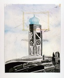 Artist: Moore, Mary. | Title: Oxo Tower, outside Blackfriars, London | Date: 1980 | Technique: etching, aquatint and roulette printed in black ink, from one plate; lithograph, printed in colour with green ballpoint pen | Copyright: © Mary Moore