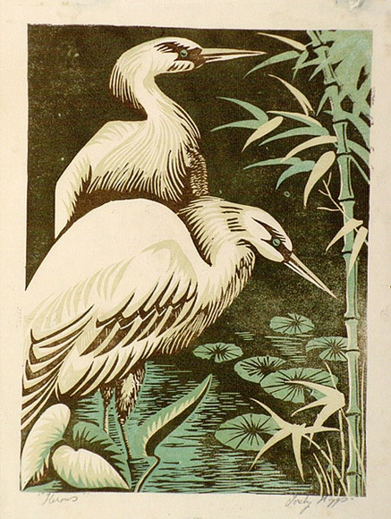 Artist: Higgs, Florence. | Title: Herons | Date: c.1954 | Technique: linocut, printed in colour, from three blocks