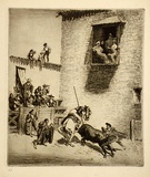 Artist: LINDSAY, Lionel | Title: Bull fight in or Andolusian village, Spain | Date: 1922 | Technique: etching, printed in black ink with plate-tone, from one plate | Copyright: Courtesy of the National Library of Australia