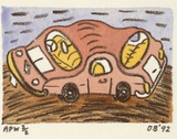 Artist: Bowen, Dean. | Title: not titled (pink car) | Date: 1992 | Technique: lithograph, printed in black ink, from one plate; handcoloured