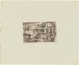 Artist: Jack, Kenneth. | Title: Hotel outbuildings, Berwick | Date: 1953 | Technique: line-engraving, printed in relief in black ink, from one perspex plate | Copyright: © Kenneth Jack. Licensed by VISCOPY, Australia