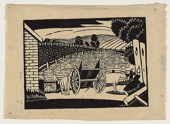 Artist: BLACKBURN, Vera | Title: Farmyard. | Date: c.1934 | Technique: linocut, printed in black ink, from one block | Copyright: © Vera Blackburn Artist: BLACKBURN, Vera | Title: Farmyard. | Date: c.1934 | Technique: linocut, printed in black ink, from one block | Copyright: © Vera Blackburn