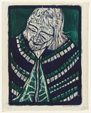 Artist: HANRAHAN, Barbara | Title: Old woman with a shawl | Date: 1962 | Technique: woodcut, printed in colour, from two blocks
