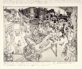 Artist: Rooney, Elizabeth. | Title: (The Lane Cove Plaza saga continues) | Date: 1977 | Technique: etching, printed in black ink with plate-tone, from one  zinc plate: with additional work in pen and blue ink