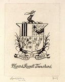 Artist: LINDSAY, Lionel | Title: Book plate: Russell Trenchard | Date: 1951 | Technique: etching, printed in black ink, from one plate | Copyright: Courtesy of the National Library of Australia