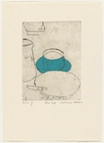 Artist: Hattam, Katherine. | Title: Blue cup | Date: 2000, November | Technique: etching, printed in black ink with plate-tone, from one plate; stencil colour