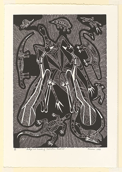 Artist: Hayward Pooaraar, Bevan. | Title: Turkeys and animals of Australian rock art | Date: 1988 | Technique: linocut, printed in black ink, from one block