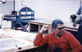 Title: Robert Campbell junior, working at the Australian Print Workshop, Melbourne on his linocut for the Bicentennial Folio, 1988. | Date: 1988