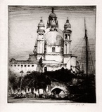 Artist: Menpes, Mortimer. | Title: (A domed church with boats in the foreground) | Date: c.1920 | Technique: etching and drypoint, printed in black ink, from one plate