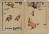 Artist: Rede, Geraldine. | Title: not titled [flirt tails and away! Three leaping rabbits] [part image] | Date: 1905 | Technique: woodcut, printed in colour in the Japanese manner, from multiple blocks; letter-press