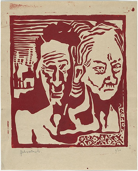 Artist: ROBERTS, Douglas | Title: (Faces of pain). | Date: c.1943 | Technique: linocut, printed in red ink, from one block Artist: ROBERTS, Douglas | Title: (Faces of pain). | Date: c.1943 | Technique: linocut, printed in red ink, from one block