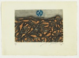Artist: SELLBACH, Udo | Title: (Landscape) | Date: 1965 | Technique: etching and aquatint printed in blue, orange and black ink, from one plate