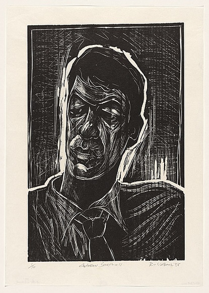 Artist: AMOR, Rick | Title: Andrew Southall. | Date: 1986 | Technique: woodcut, printed in black ink, from one block