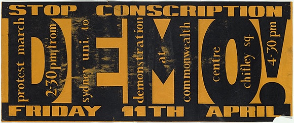 Artist: EARTHWORKS POSTER COLLECTIVE | Title: Stop conscription, protest march | Date: 1969 | Technique: screenprint, printed in black ink, from one stencil