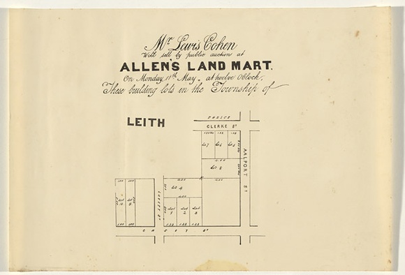 Artist: UNKNOWN | Title: Auction plan for lots in the township of Leith | Date: 1857 | Technique: lithograph, printed in black ink, from one stone [or plate]