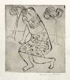 Artist: Brash, Barbara. | Title: (Kneeling woman with fruit). | Date: 1950s | Technique: softground etching, printed in brown ink with plate-tone, from one plate