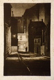 Artist: Hunter, William. | Title: White House (little Bourke). (An alley at night) | Date: 1940s | Technique: etching, printed in colour, from two plates in red and black ink