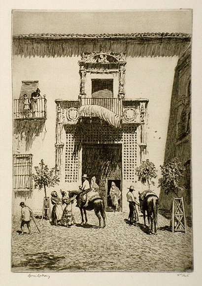 Artist: LINDSAY, Lionel | Title: Fair time, Cordova | Date: 1945 | Technique: etching, printed in brown ink with plate-tone | Copyright: Courtesy of the National Library of Australia Artist: LINDSAY, Lionel | Title: Fair time, Cordova | Date: 1945 | Technique: etching, printed in brown ink with plate-tone | Copyright: Courtesy of the National Library of Australia
