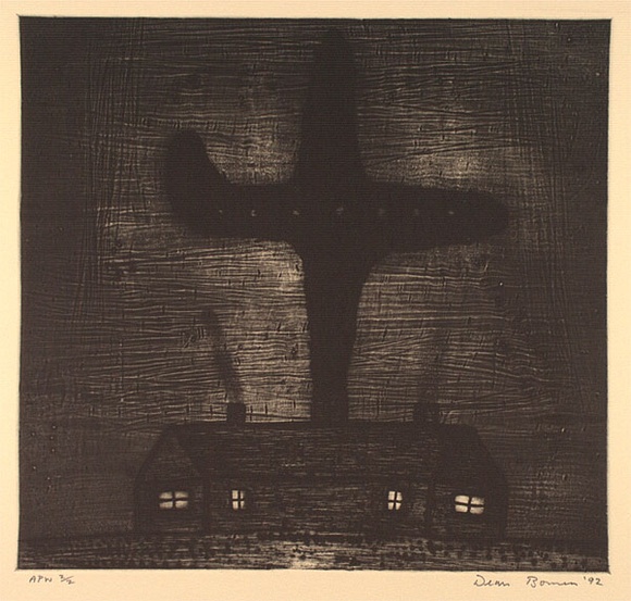 Artist: Bowen, Dean. | Title: (Aeroplane over house) | Date: 1992 | Technique: etching, printed in black ink, from one plate