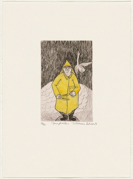 Artist: Robinson, William. | Title: Goose feathers | Date: 1991 | Technique: etching, printed in brown ink, from one plate; hand-coloured