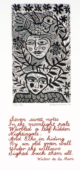 Artist: HANRAHAN, Barbara | Title: Echo | Date: 1982 | Technique: wood-engraving, printed in black ink, from one block; screenprint, printed in red ink, from one stencil