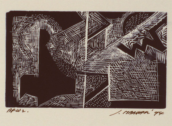 Artist: Marshall, Jennifer. | Title: not titled [geomteric lines and shapes] | Date: 1994 | Technique: linocut, printed in blue ink, from one block