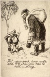 Artist: LINDSAY, Lionel | Title: Christmas card: Put your sack down mate and I'll show you how to roll a swag | Date: 1958 | Technique: etching, printed in black ink, from one plate | Copyright: Courtesy of the National Library of Australia