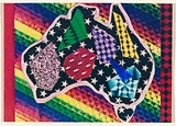 Artist: McDiarmid, David. | Title: Postcard (Australia on a rainbow background) | Date: 1985 | Technique: screenprint, printed in colour, from multiple stencils; collage | Copyright: Courtesy of copyright owner, Merlene Gibson (sister)
