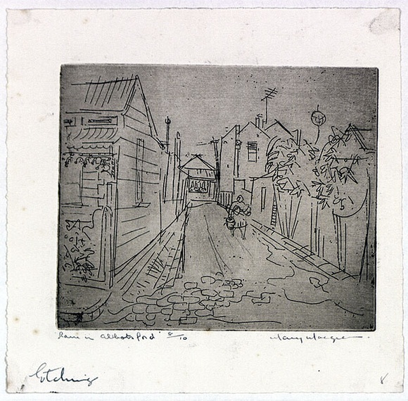 Artist: MACQUEEN, Mary | Title: Lane in Abbotsford | Date: c.1958 | Technique: etching, printed in brown ink with plate-tone from one plate | Copyright: Courtesy Paulette Calhoun, for the estate of Mary Macqueen