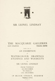 Title: Sir Lionel Lindsay. An exhibition of watercolour drawings etchings and woodcutsand Engravings by Sir Lionel Lindsay. Sydney: Macquarie Galleries, 4-14 December 1937.