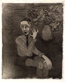 Artist: Barwell, Jennifer. | Title: (Seated young man with flowers). | Date: (1955) | Technique: drypoint and aquatint printed in brown ink from one  plate