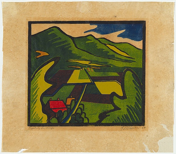 Artist: Brown, Geoffrey | Title: Highbury landscape. | Date: 1954 | Technique: linocut, printed in colour, from mutliple blocks