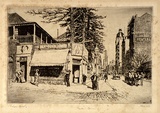 Artist: LINDSAY, Lionel | Title: Bowden's corner, in Castlereagh Street | Date: 1925 | Technique: etching and aquatint, printed in black ink with plate-tone, from one copper plate | Copyright: Courtesy of the National Library of Australia