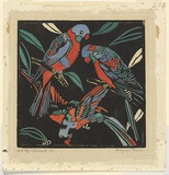 Artist: PRESTON, Margaret | Title: Lorikeets | Date: 1925 | Technique: woodcut, printed in black ink, from one block; hand-coloured | Copyright: © Margaret Preston. Licensed by VISCOPY, Australia