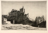 Artist: LINDSAY, Lionel | Title: The Alcazar, Segovia | Date: 1926 | Technique: drypoint, printed in black ink with plate-tone, from one plate | Copyright: Courtesy of the National Library of Australia